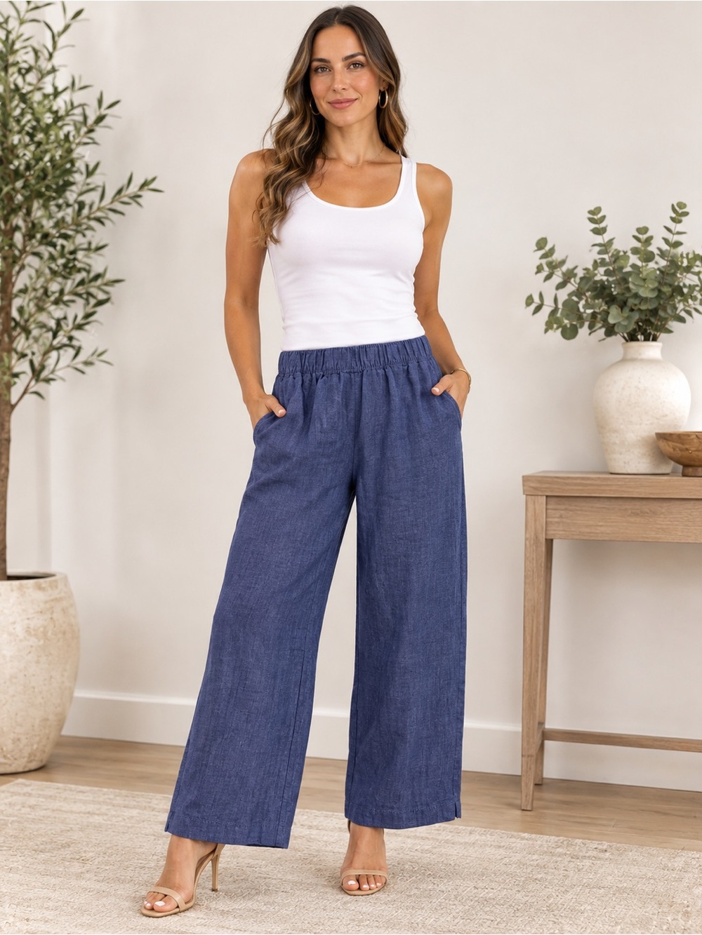 Tahari Men’s Elastic Waist Linen-Blend Pants - Blue
